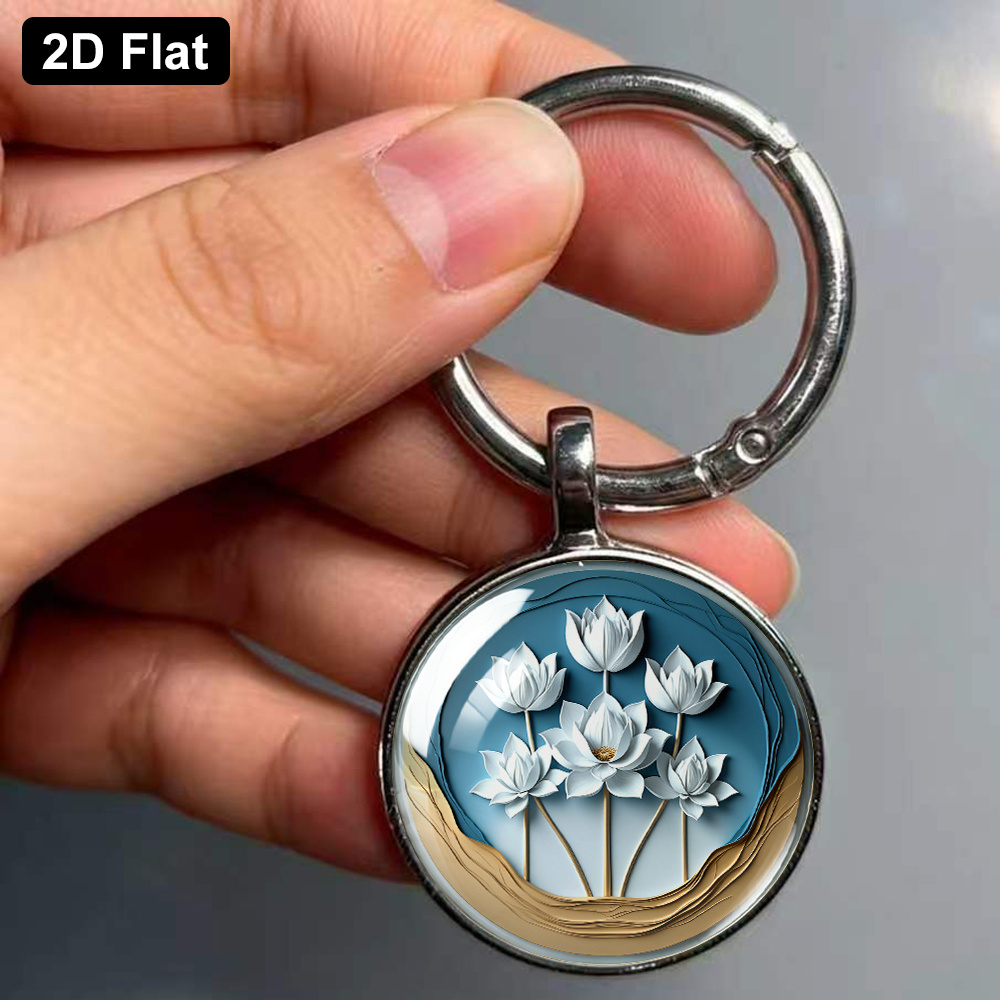 Chinese Style Keychain with Five White Lotuses Theme